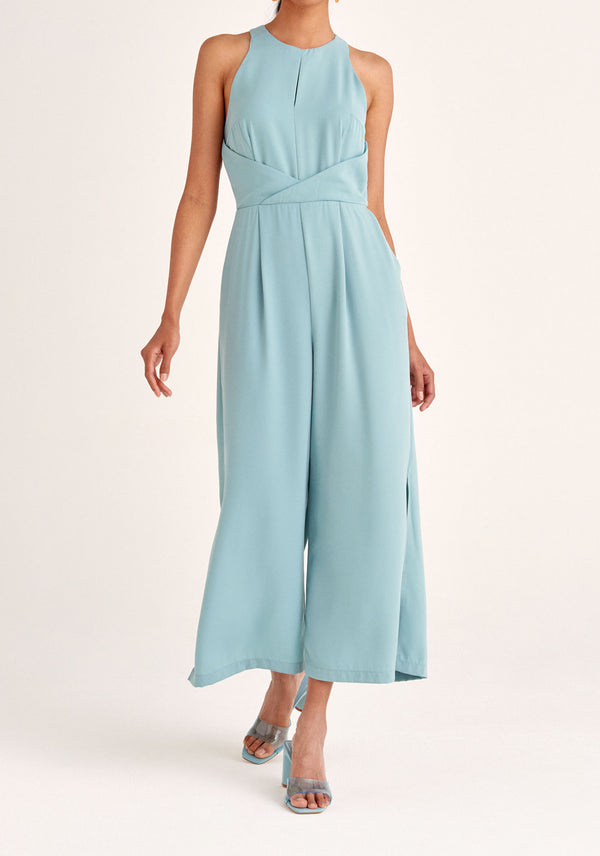 Paisie Detailed Waist Halterneck Jumpsuit in Teal